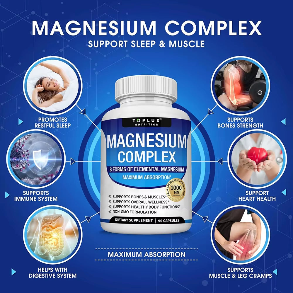 Magnesium Complex Supplement 8 Elemental 1000Mg - Magnesium Glycinate, Citrate, Malate, Taurate for Bones, Muscles, Energy