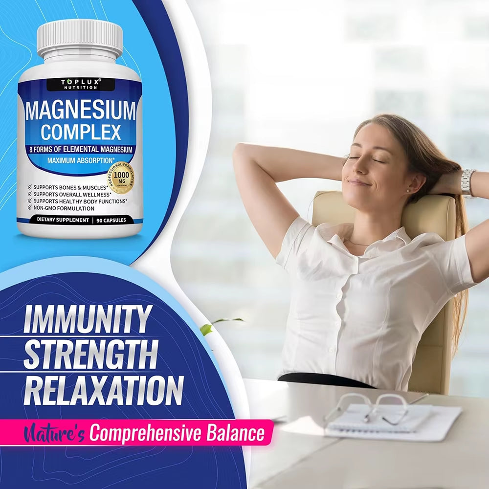 Magnesium Complex Supplement 8 Elemental 1000Mg - Magnesium Glycinate, Citrate, Malate, Taurate for Bones, Muscles, Energy